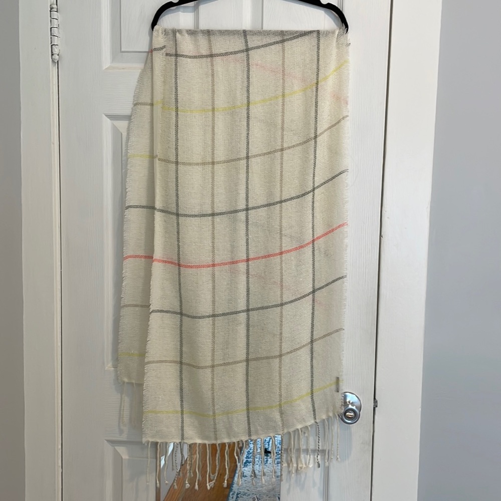 Madewell Gauzy Wool Plaid Cream Fringe Scarf Like New